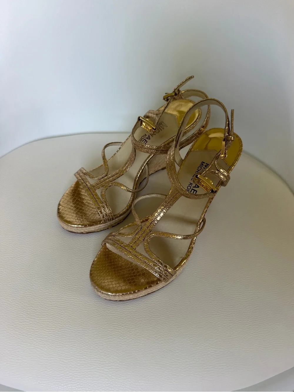 MICHAEL Michael Kors Gold Metallic Snakeskin Espadrille Wedge Sandals Size 7